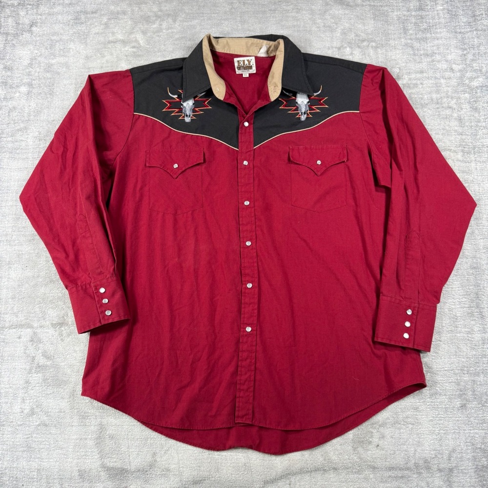Ely Cattleman Shirt Mens XL Red Vintage Western Steer Skull Gaucho Pearl Snap